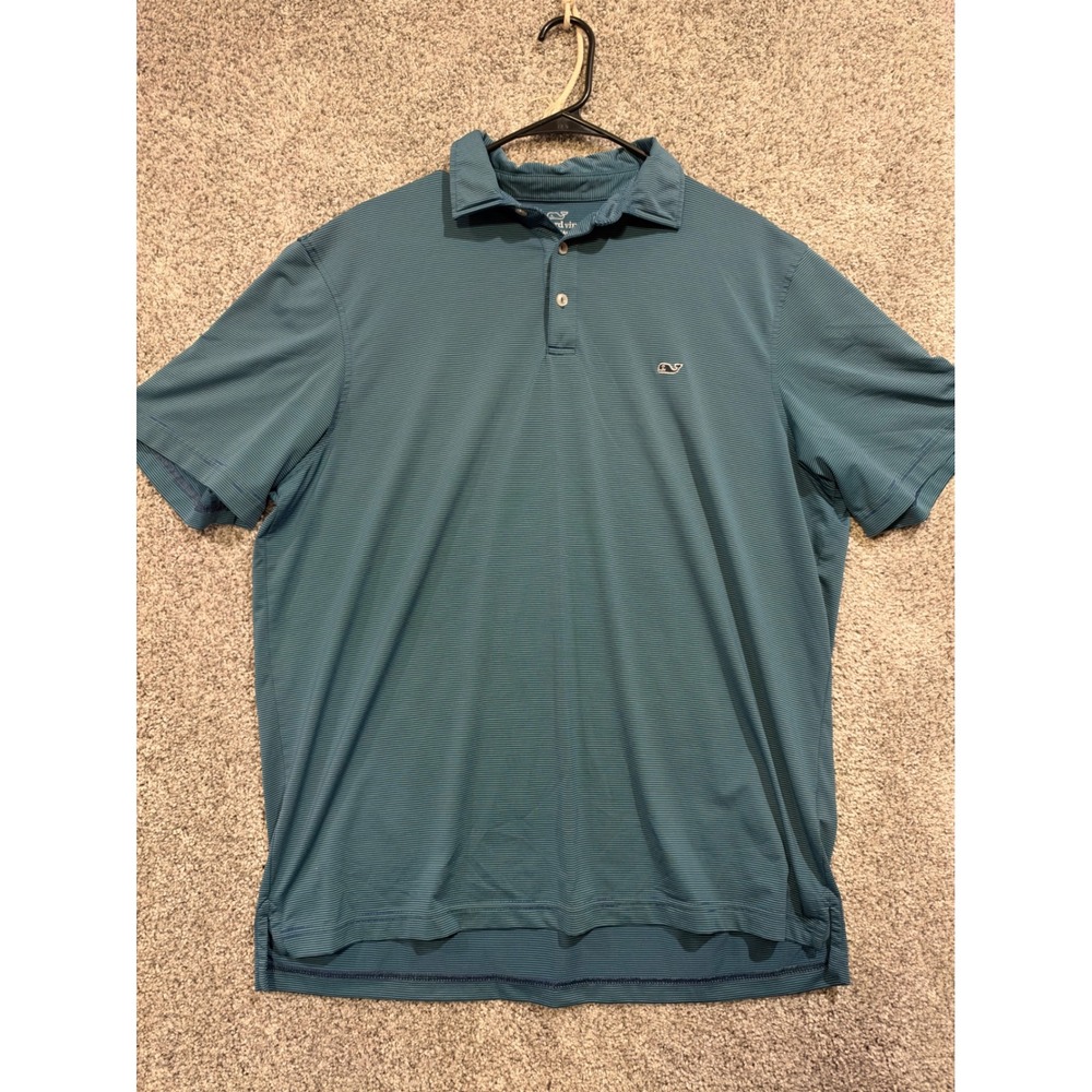 Vineyard Vines Polo Mens L Teal Performance Striped Short Sleeve Golf Shirt